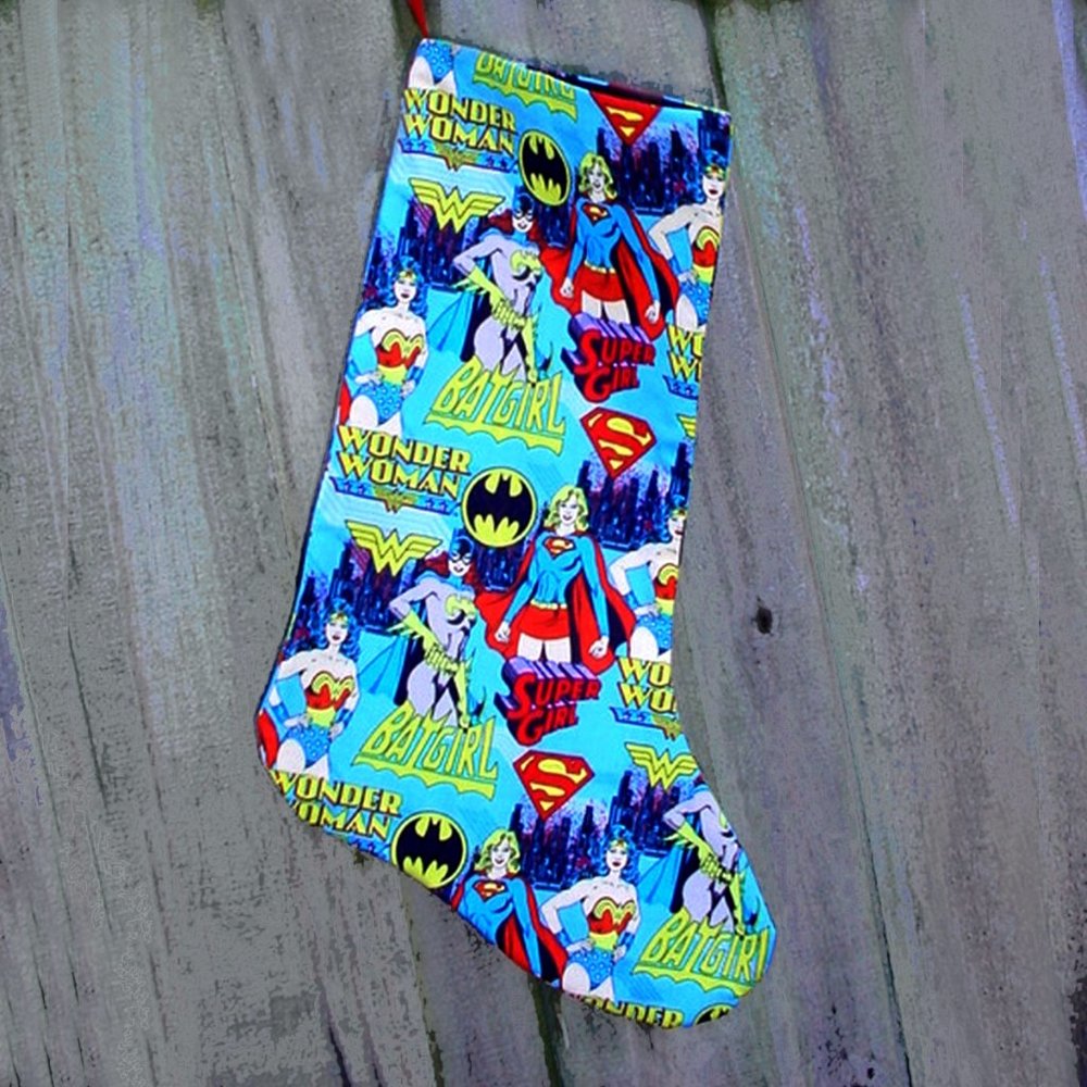 GIRL POWER CHRISTMAS STOCKING FEMALE SUPERHEROES HANDMADE LINED 100% COTTON